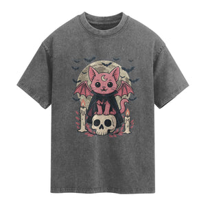Cute Pastel Goth Vampire Cat Washed Cotton T-Shirt Funny Gothic Halloween Art
