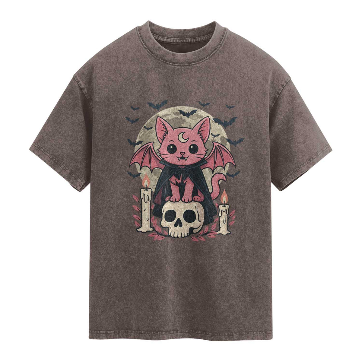 Cute Pastel Goth Vampire Cat Washed Cotton T-Shirt Funny Gothic Halloween Art