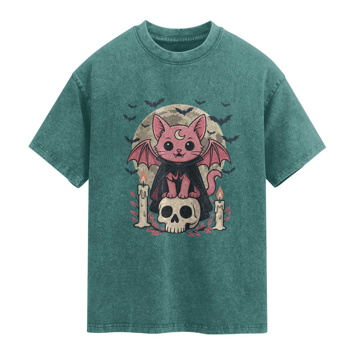 Cute Pastel Goth Vampire Cat Washed Cotton T-Shirt Funny Gothic Halloween Art