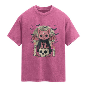 Cute Pastel Goth Vampire Cat Washed Cotton T-Shirt Funny Gothic Halloween Art