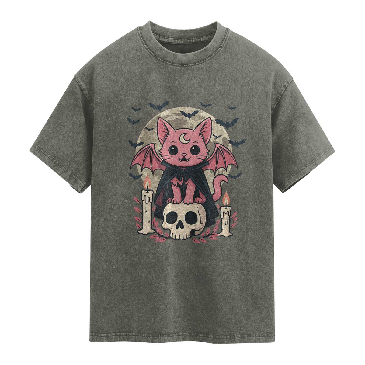 Cute Pastel Goth Vampire Cat Washed Cotton T-Shirt Funny Gothic Halloween Art
