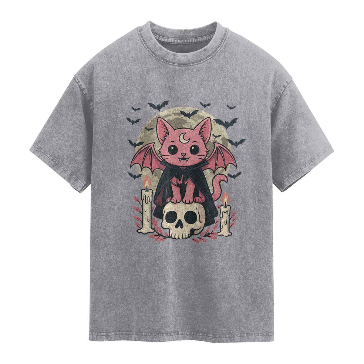 Cute Pastel Goth Vampire Cat Washed Cotton T-Shirt Funny Gothic Halloween Art