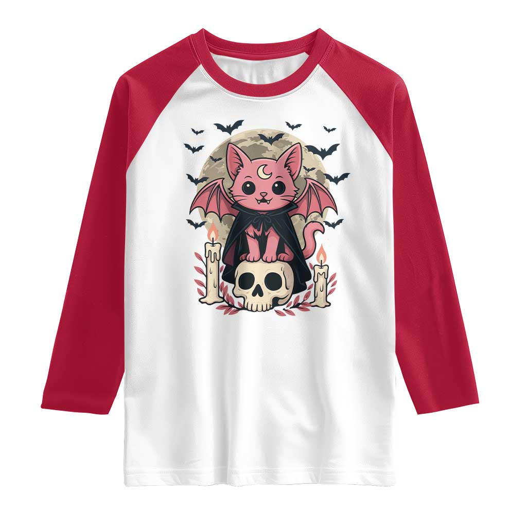 Cute Pastel Goth Vampire Cat Raglan Shirt Funny Gothic Halloween Art TS12 White Red Print Your Wear