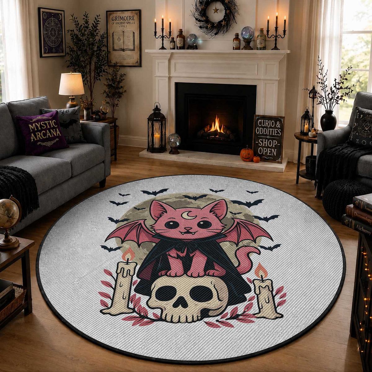 Cute Pastel Goth Vampire Cat Round Rug Funny Gothic Halloween Art