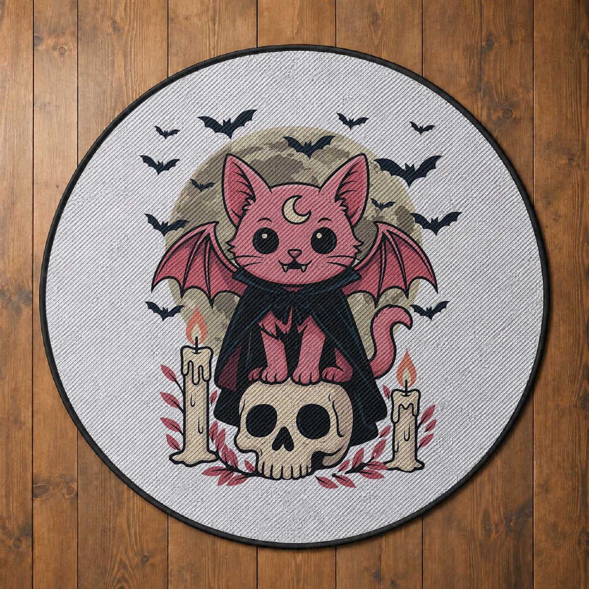 Cute Pastel Goth Vampire Cat Round Rug Funny Gothic Halloween Art