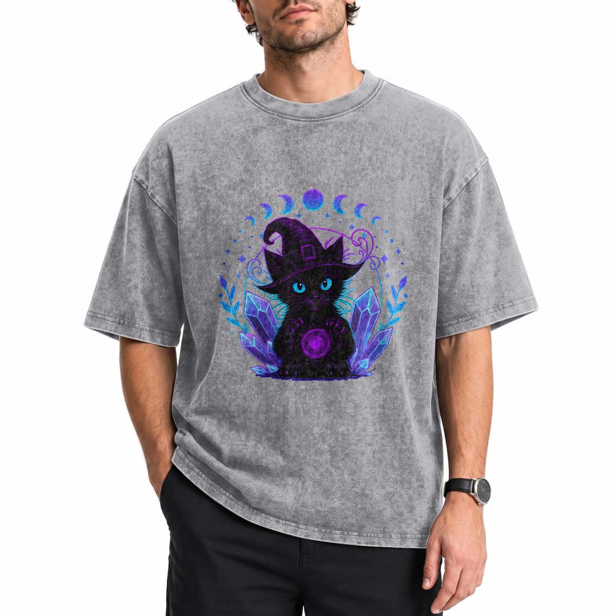 Witchy Black Cat Washed Cotton T-Shirt Funny Spellcasting Pastel Goth Aesthetic