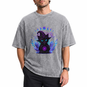 Witchy Black Cat Washed Cotton T-Shirt Funny Spellcasting Pastel Goth Aesthetic