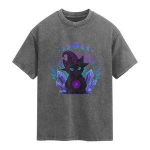 Witchy Black Cat Washed Cotton T-Shirt Funny Spellcasting Pastel Goth Aesthetic