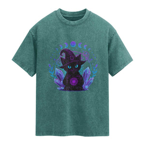 Witchy Black Cat Washed Cotton T-Shirt Funny Spellcasting Pastel Goth Aesthetic