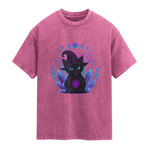 Witchy Black Cat Washed Cotton T-Shirt Funny Spellcasting Pastel Goth Aesthetic