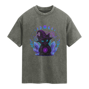 Witchy Black Cat Washed Cotton T-Shirt Funny Spellcasting Pastel Goth Aesthetic