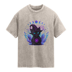 Witchy Black Cat Washed Cotton T-Shirt Funny Spellcasting Pastel Goth Aesthetic