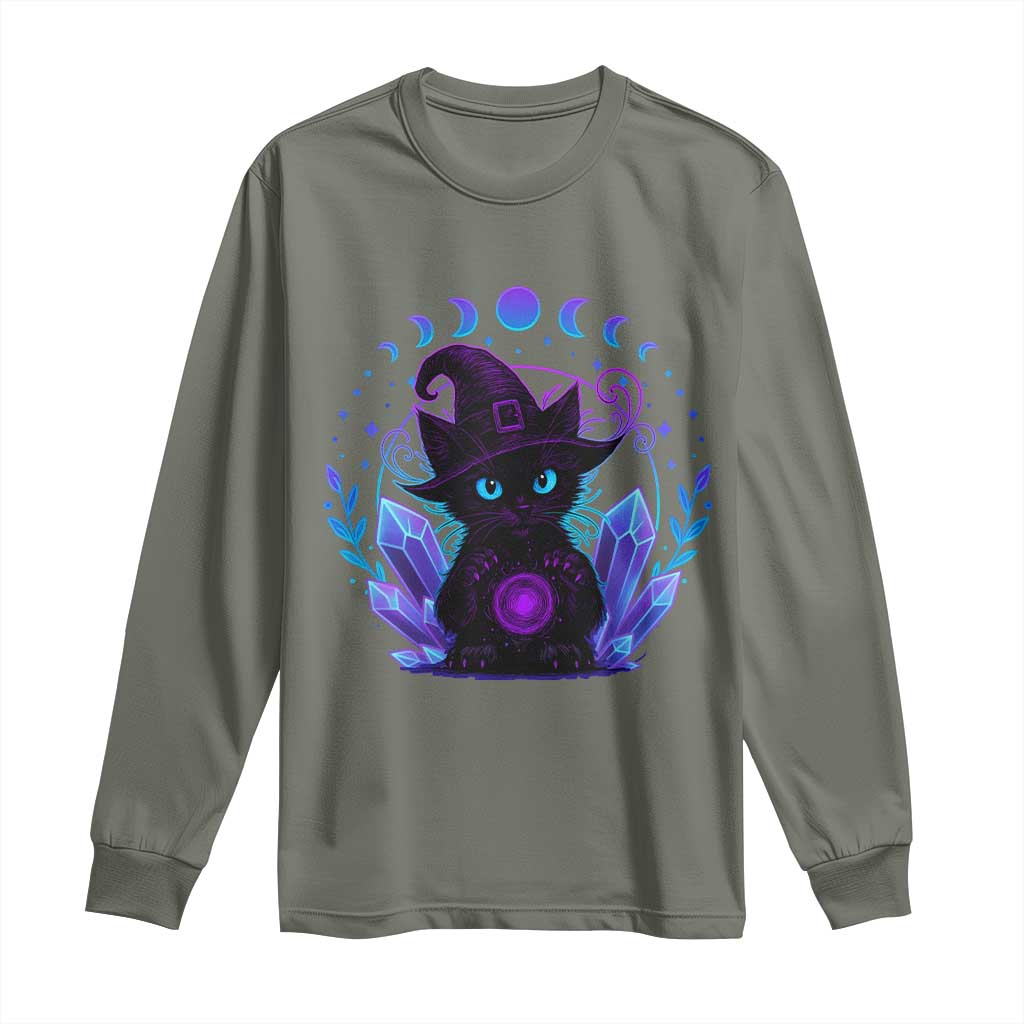 Witchy Black Cat Long Sleeve Shirt Funny Spellcasting Pastel Goth Aesthetic TS12 Military Green Print Your Wear