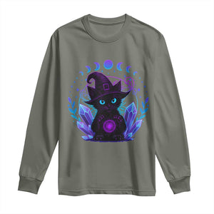 Witchy Black Cat Long Sleeve Shirt Funny Spellcasting Pastel Goth Aesthetic TS12 Military Green Print Your Wear