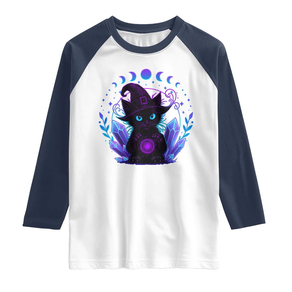 Witchy Black Cat Raglan Shirt Funny Spellcasting Pastel Goth Aesthetic TS12 White Navy Print Your Wear