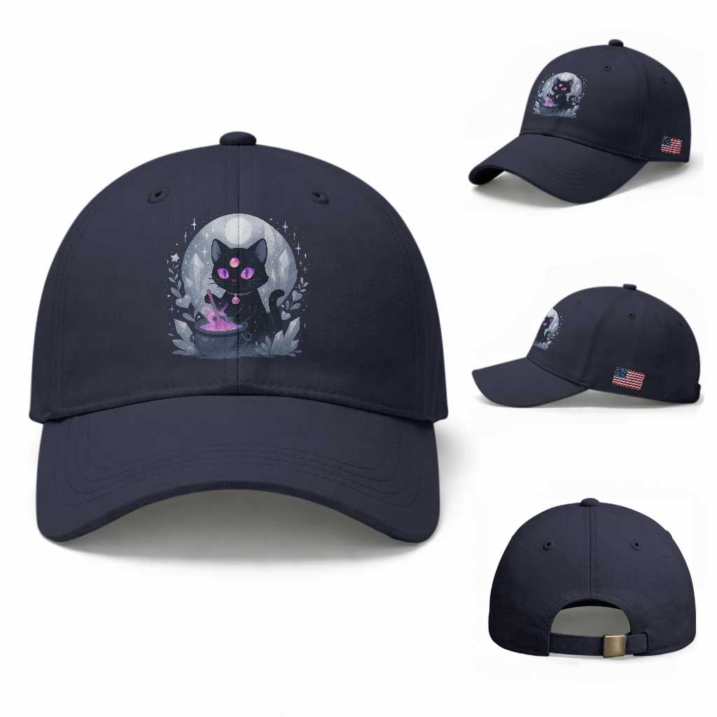 Witchy Black Cat Baseball Cap Brewing Magic Funny Pastel Goth Art TS12 Baseball Cap Universal Fit Navy Print Your Wear