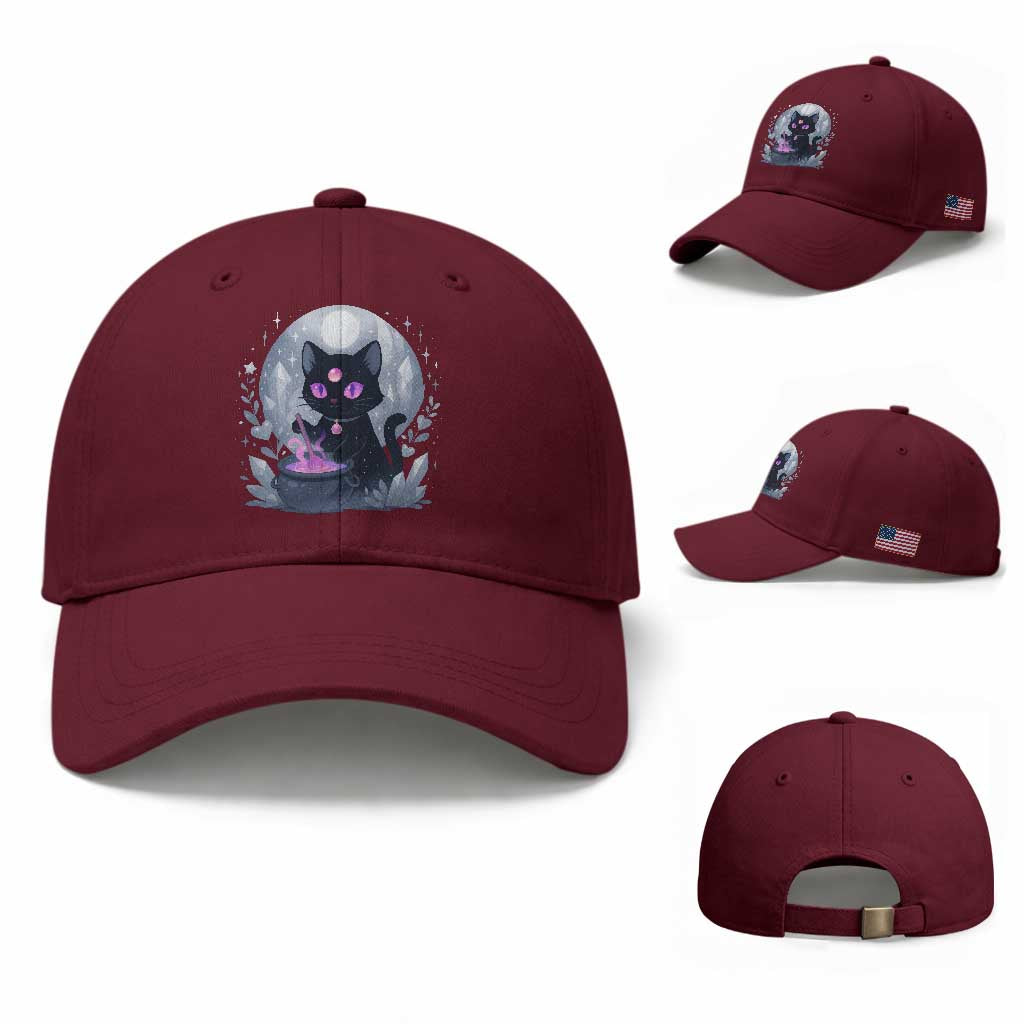 Witchy Black Cat Baseball Cap Brewing Magic Funny Pastel Goth Art TS12 Baseball Cap Universal Fit Maroon Print Your Wear