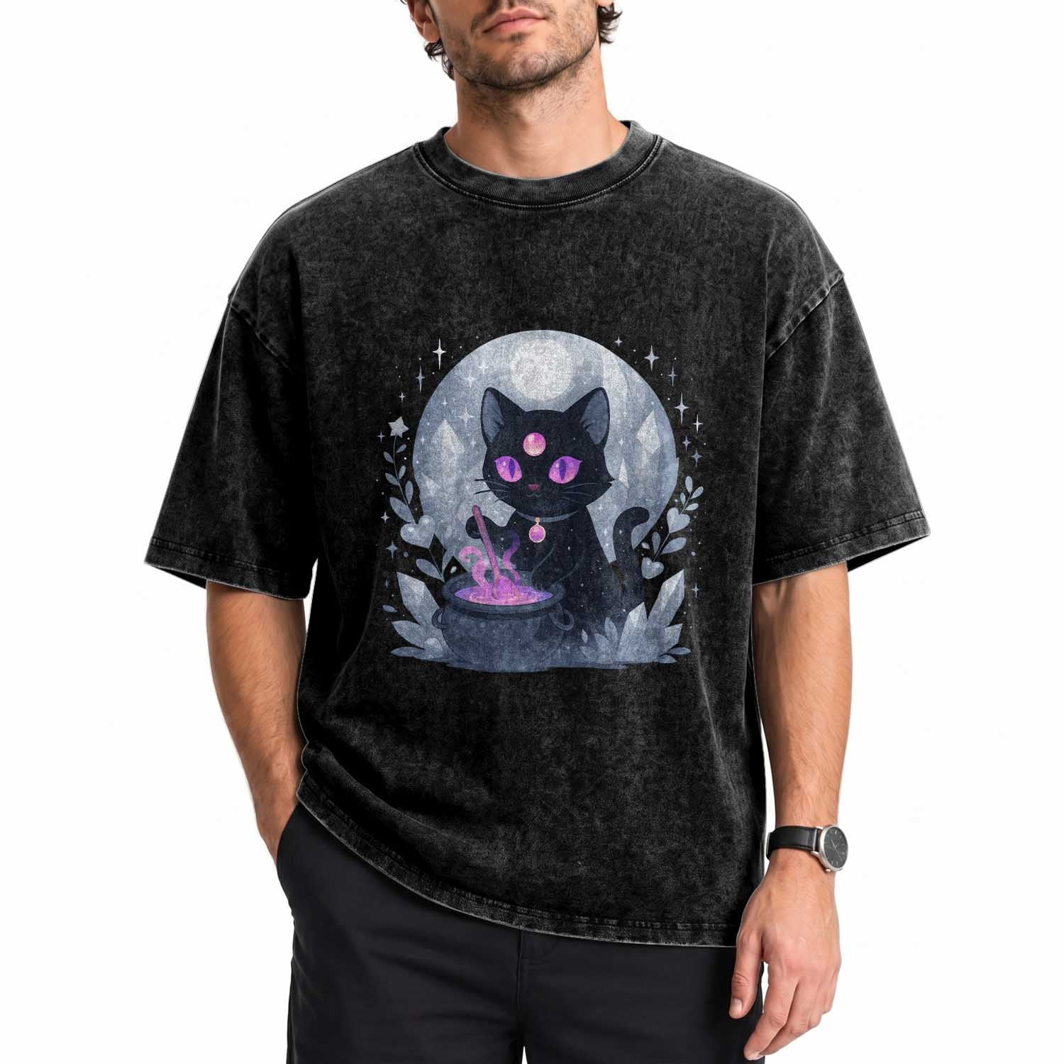 Witchy Black Cat Washed Cotton T-Shirt Brewing Magic Funny Pastel Goth Art