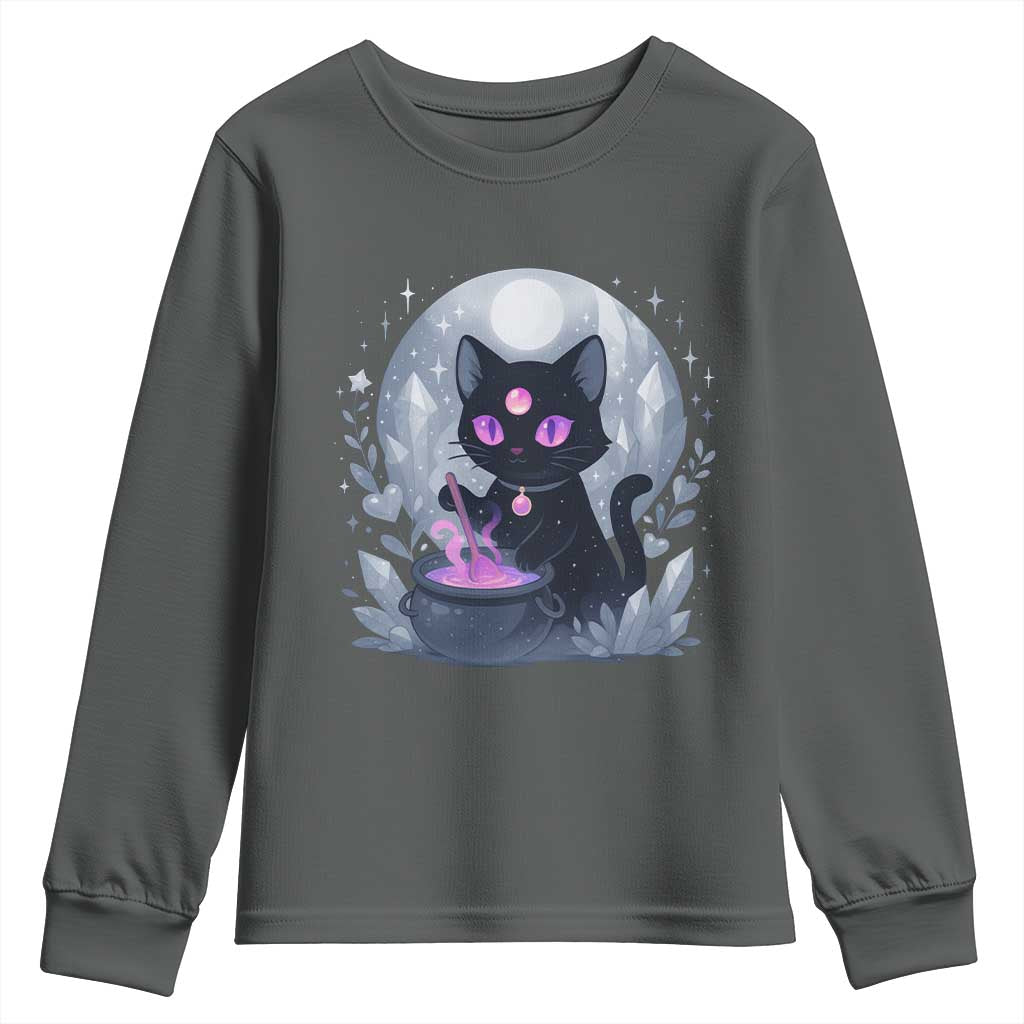 Witchy Black Cat Youth Sweatshirt Brewing Magic Funny Pastel Goth Art TS12 Dark Heather Print Your Wear