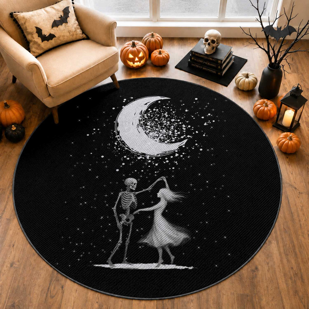 Skeleton Lover Dancing Under The Moon Dark Romantic Art Round Rug