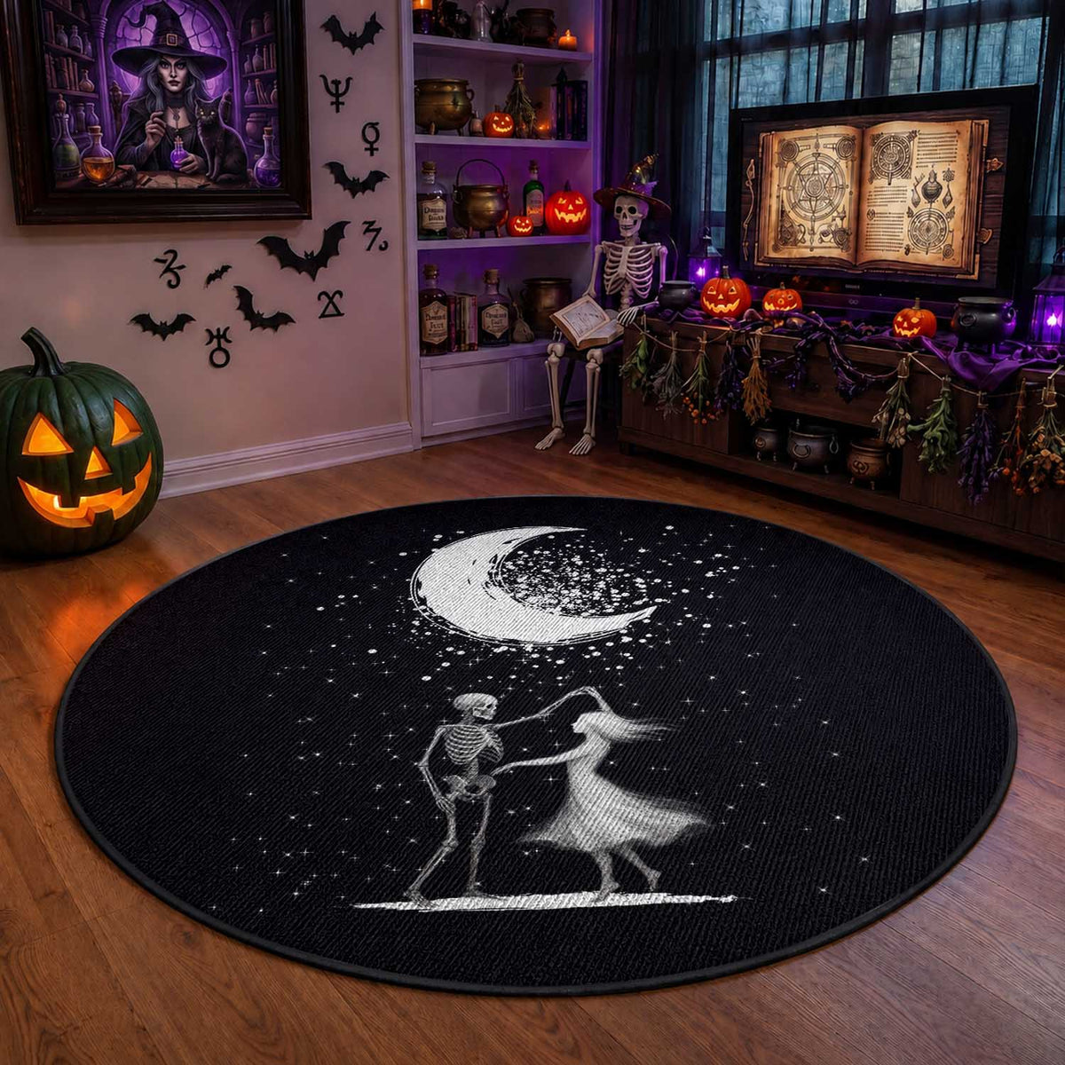 Skeleton Lover Dancing Under The Moon Dark Romantic Art Round Rug