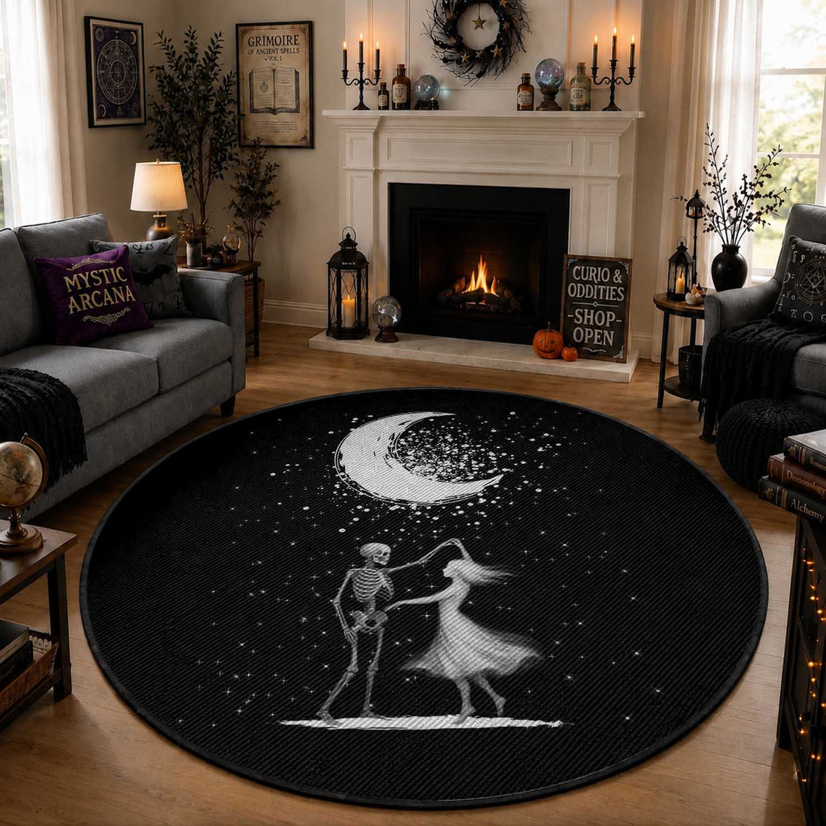 Skeleton Lover Dancing Under The Moon Dark Romantic Art Round Rug