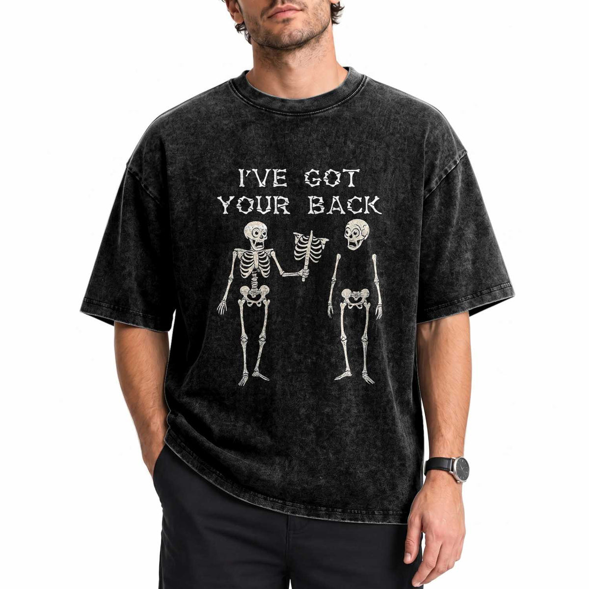 Funny Skeleton Washed Cotton T-Shirt I Have Got Your Back Bone Pun