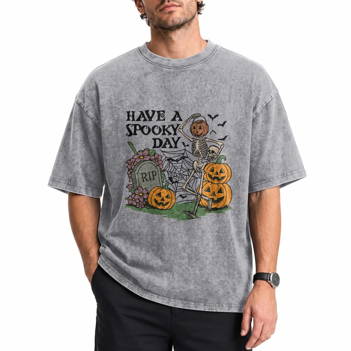 Funny Halloween Skeleton Washed Cotton T-Shirt Have A Spooky Day