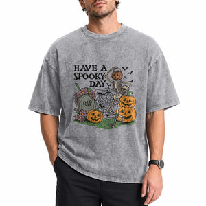Funny Halloween Skeleton Washed Cotton T-Shirt Have A Spooky Day