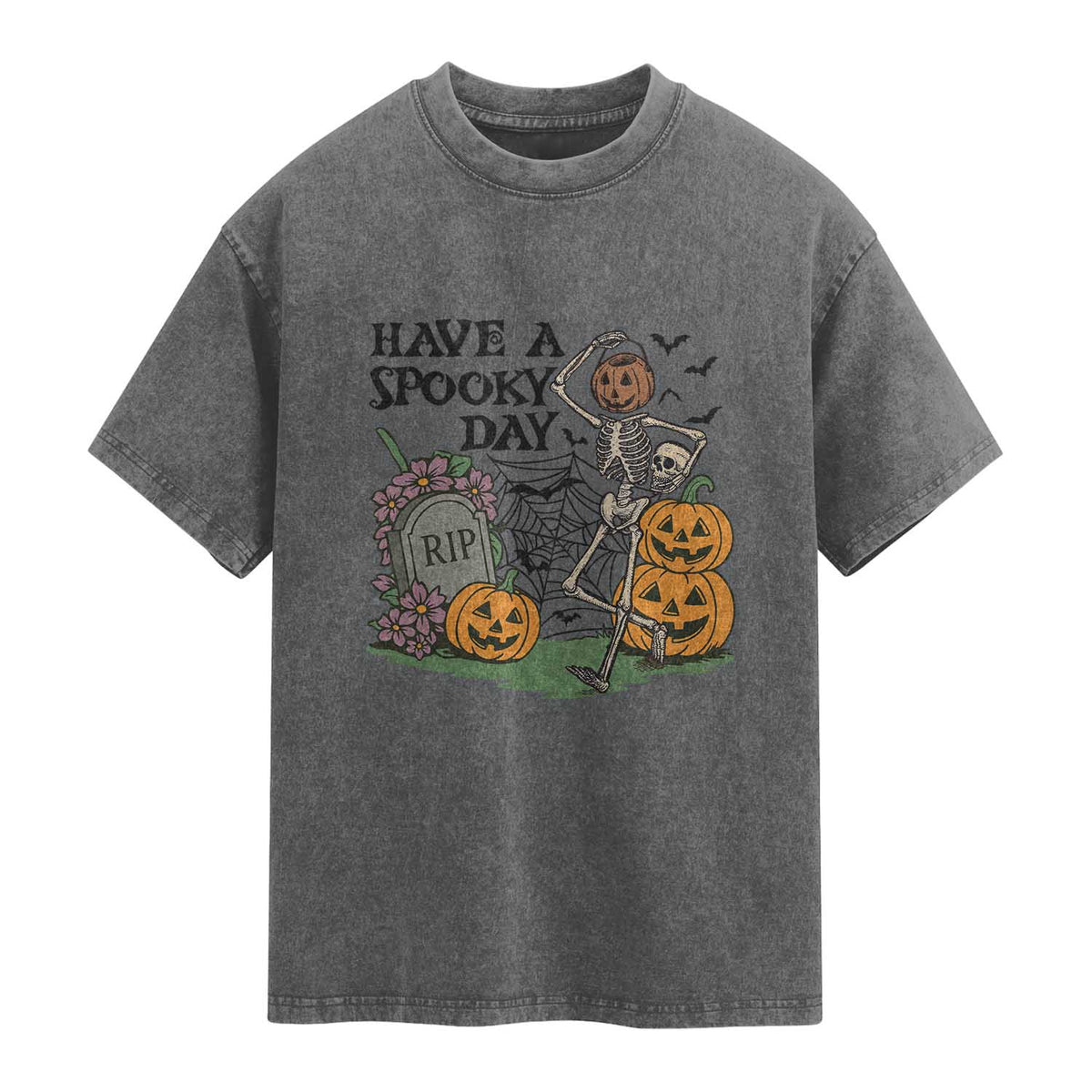 Funny Halloween Skeleton Washed Cotton T-Shirt Have A Spooky Day