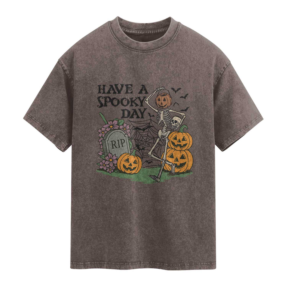Funny Halloween Skeleton Washed Cotton T-Shirt Have A Spooky Day