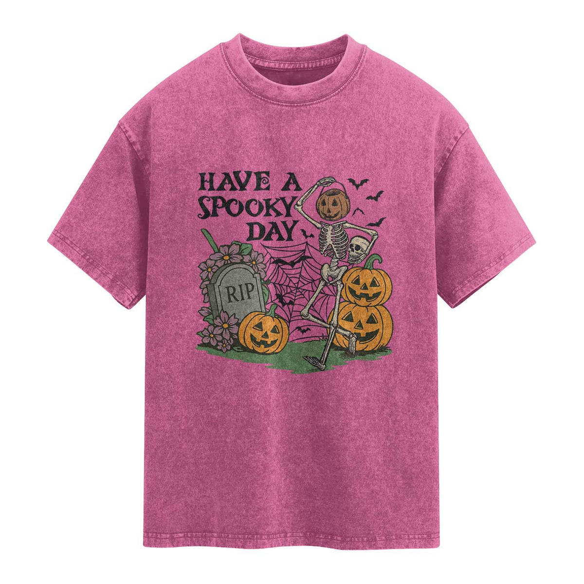 Funny Halloween Skeleton Washed Cotton T-Shirt Have A Spooky Day