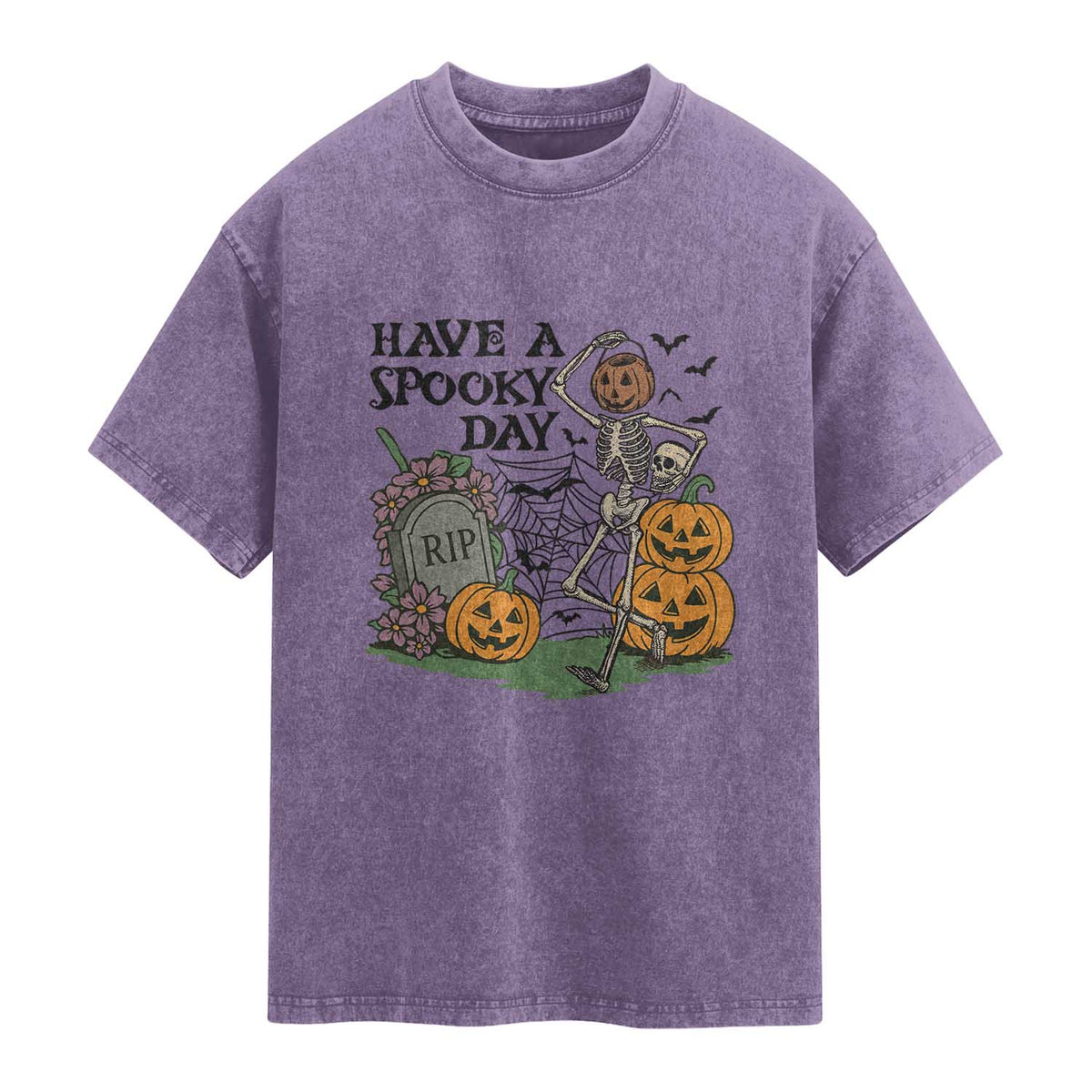 Funny Halloween Skeleton Washed Cotton T-Shirt Have A Spooky Day