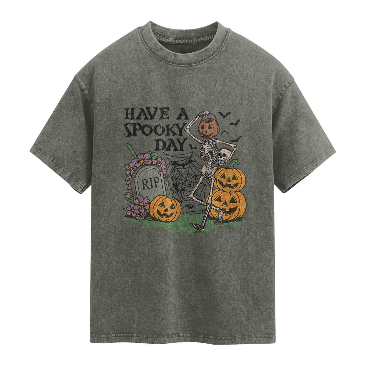 Funny Halloween Skeleton Washed Cotton T-Shirt Have A Spooky Day