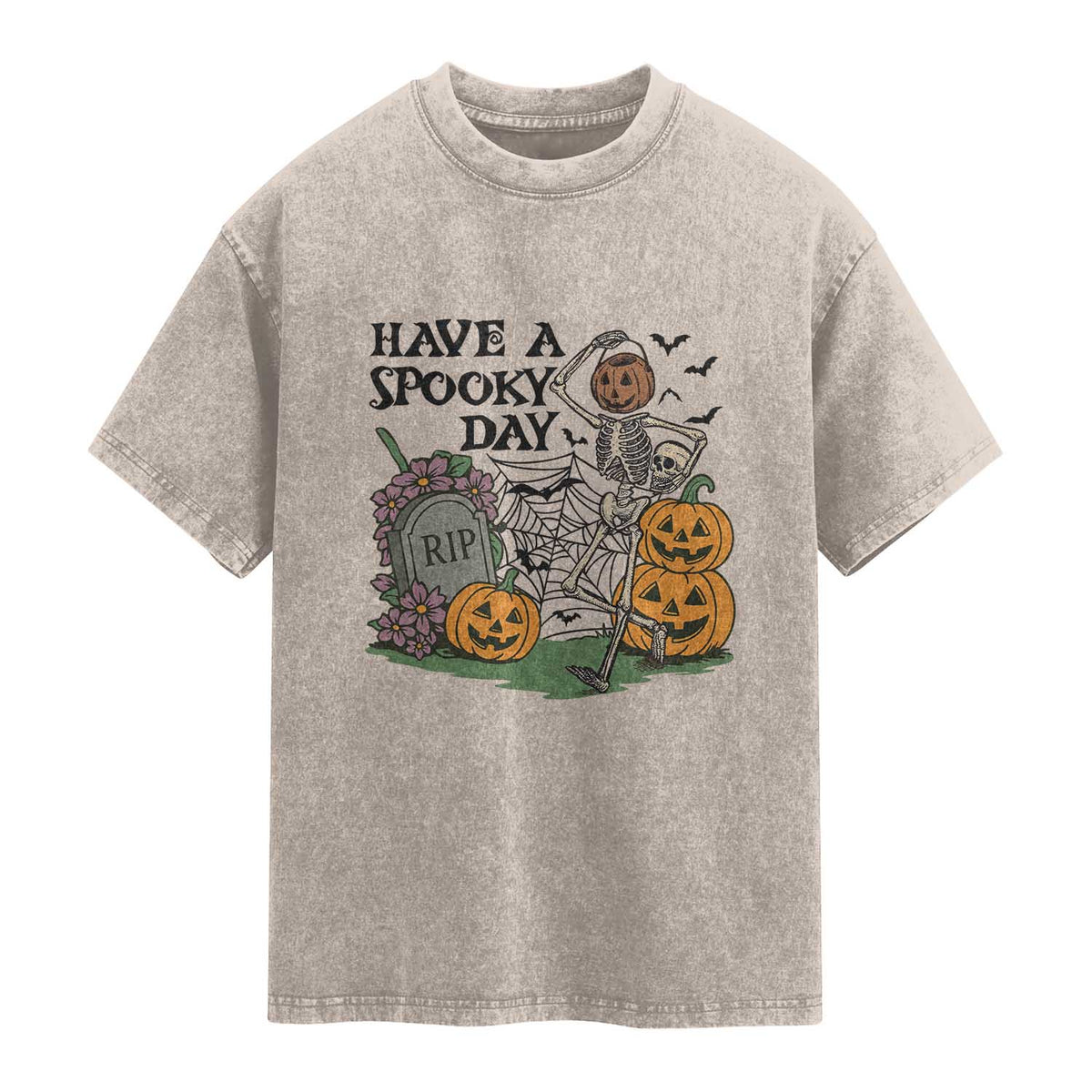 Funny Halloween Skeleton Washed Cotton T-Shirt Have A Spooky Day