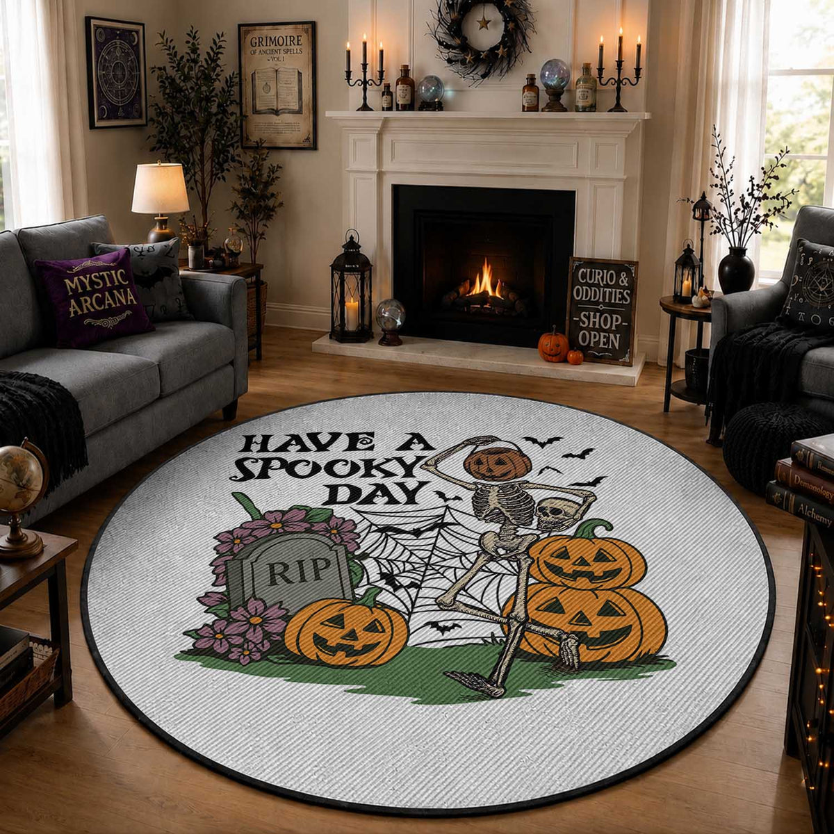 Funny Halloween Skeleton Round Rug Have A Spooky Day