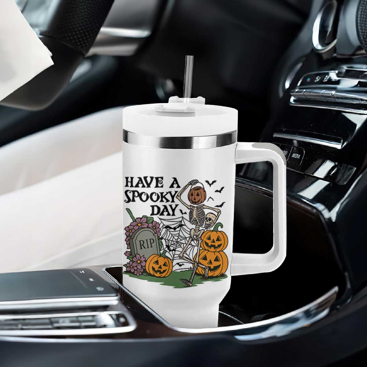 Funny Halloween Skeleton Tumbler With Handle Have A Spooky Day TS12 Print Your Wear