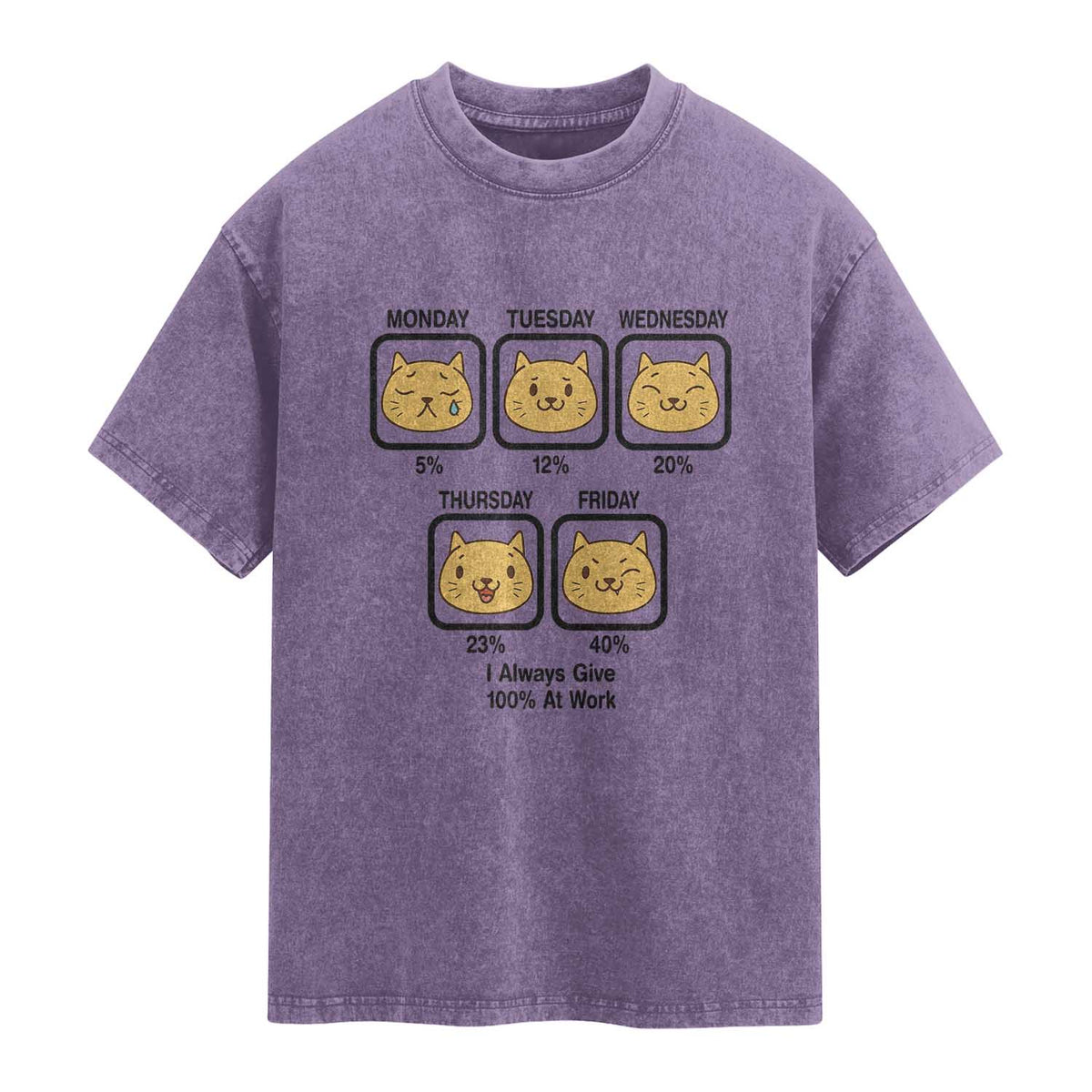 Funny Cat Office Mood Washed Cotton T-Shirt I Always Give 100% At Work Quote