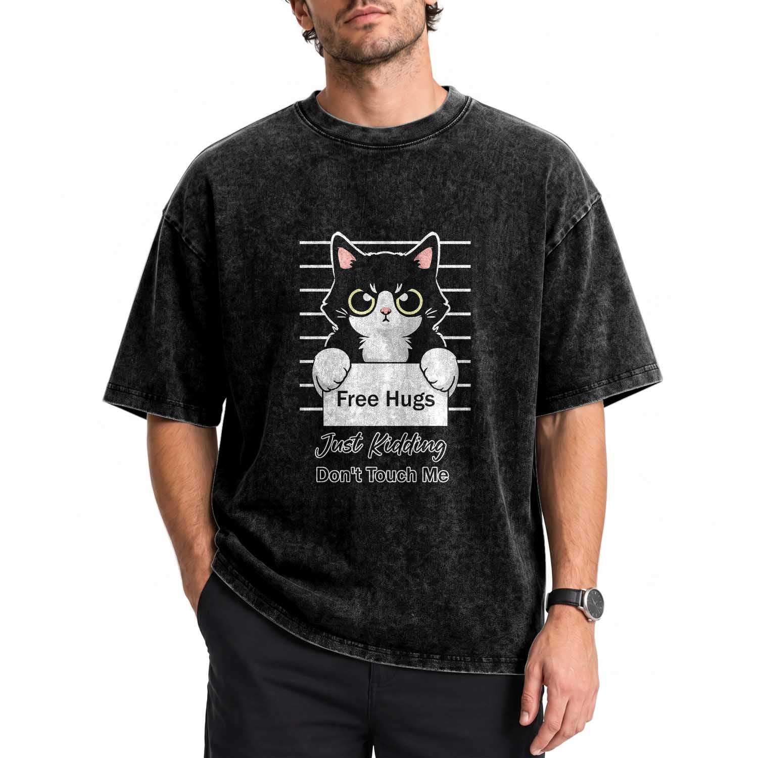 Funny Black Cat Quote Washed Cotton T-Shirt Free Hugs Just Kidding Do Not Touch Me