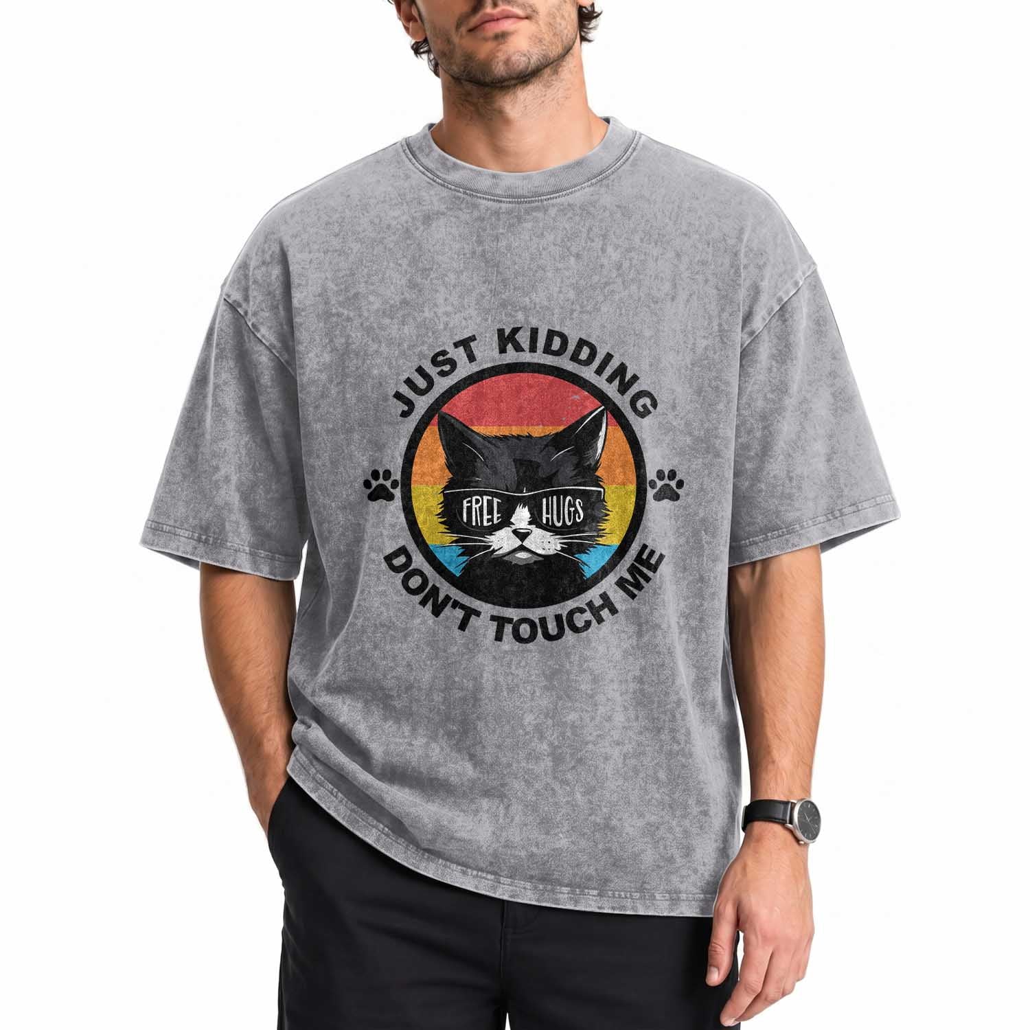 Black Cat Lovers Washed Cotton T-Shirt Free Hugs Just Kidding Do Not Touch Me Gift