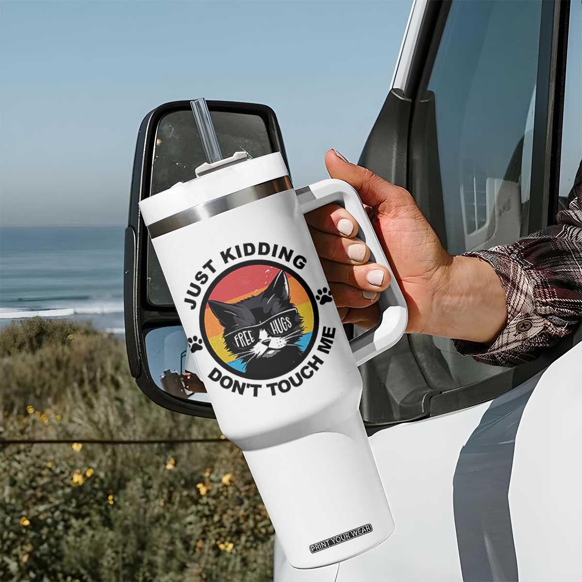 Black Cat Lovers Tumbler With Handle Free Hugs Just Kidding Do Not Touch Me Gift TS12 Print Your Wear