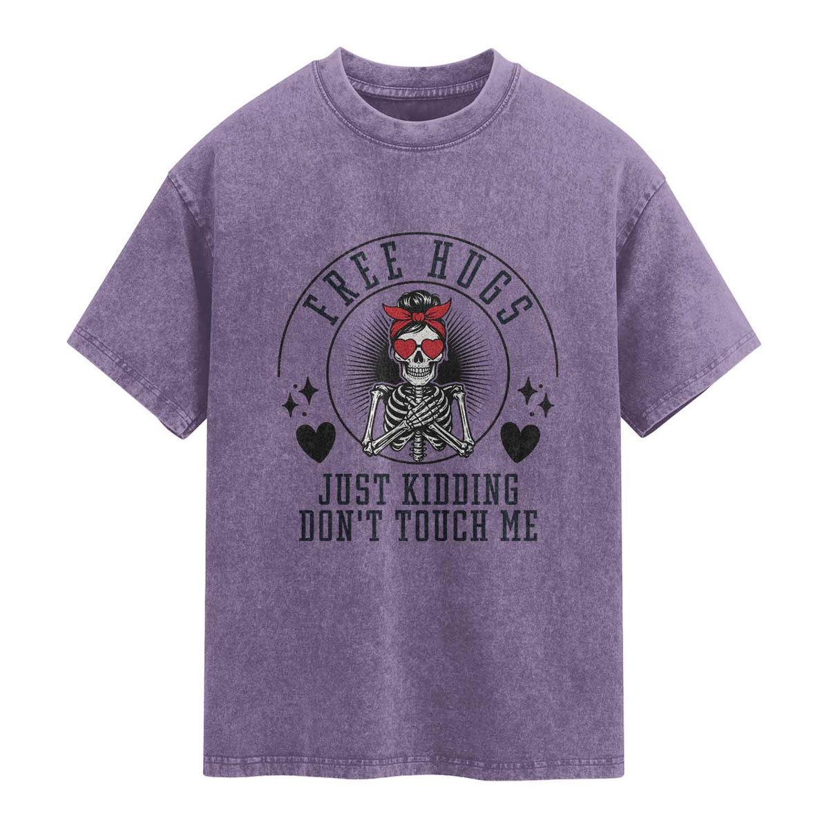 Funny Skeleton Sarcastic Gift Washed Cotton T-Shirt Free Hugs Do Not Touch Me