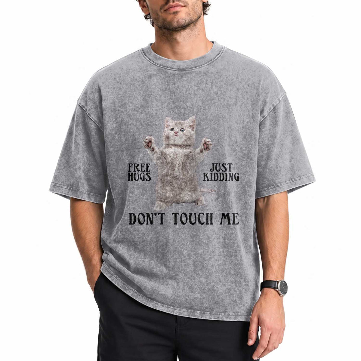 Free Hugs Do Not Touch Me Washed Cotton T-Shirt Funny Cat Meme