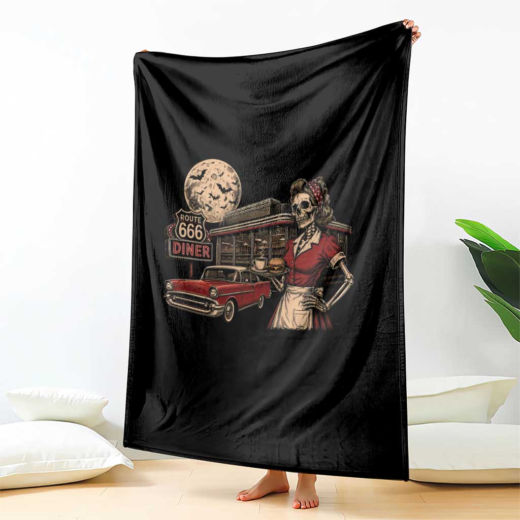 Route Highway 666 Diner Skeleton Waitress Throw Blanket Vintage Spooky Halloween Road Trip