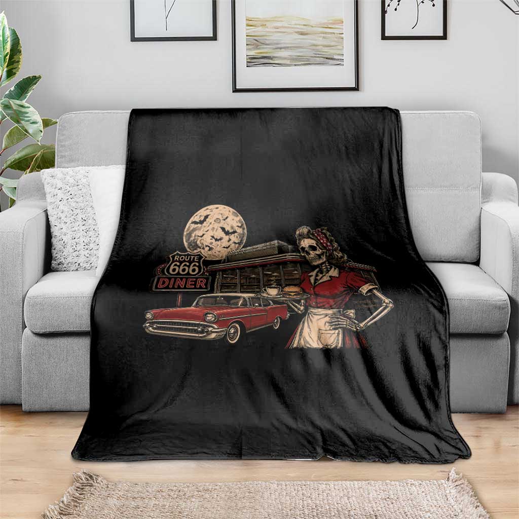Route Highway 666 Diner Skeleton Waitress Throw Blanket Vintage Spooky Halloween Road Trip