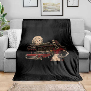 Route Highway 666 Diner Skeleton Waitress Throw Blanket Vintage Spooky Halloween Road Trip