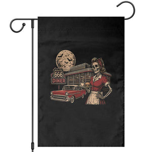 Route Highway 666 Diner Skeleton Waitress Garden Flag Vintage Spooky Halloween Road Trip