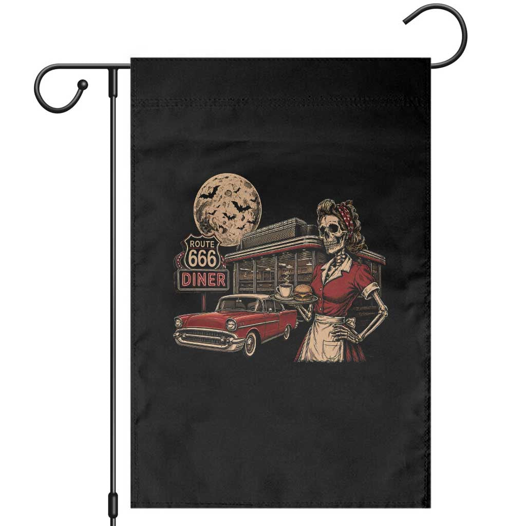 Route Highway 666 Diner Skeleton Waitress Garden Flag Vintage Spooky Halloween Road Trip