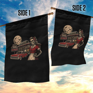Route Highway 666 Diner Skeleton Waitress Garden Flag Vintage Spooky Halloween Road Trip