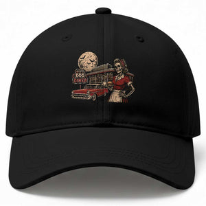 Route Highway 666 Diner Skeleton Waitress Baseball Cap Vintage Spooky Halloween Road Trip